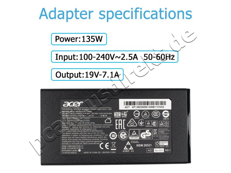 135W Acer Nitro 5 AN517-41-R7EK Netzteil Ladegerät + Ladekabel