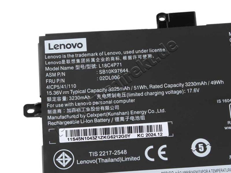 Lenovo ThinkPad X1 Carbon Gen 7 Original Akku 3312mAh 51Wh